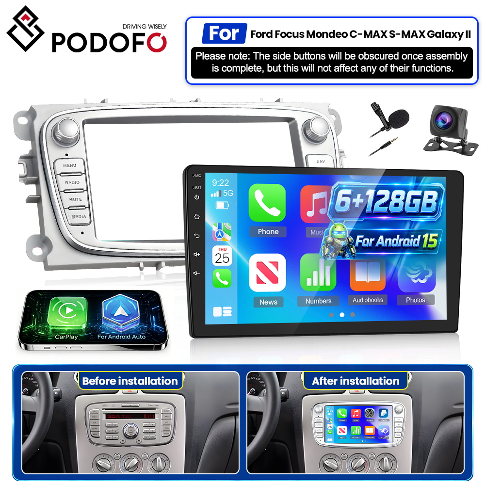 TEMU Podofo [8core 6g 128g] 15 7-inch For Ford Focus Ii Mk2 Galaxy, / Auto, Eq Ai Dsp/gps/wifi/bt5.0/fm/ backup Camera mic, Silver, Without Battery