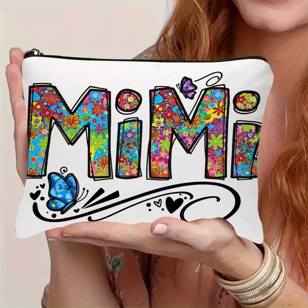 TEMU Trousse à cosmétiques imprimée à plat 2D, 1 pièce, motif ludique et fantaisiste avec lettres "Mimi" colorées de style floral, papillons et