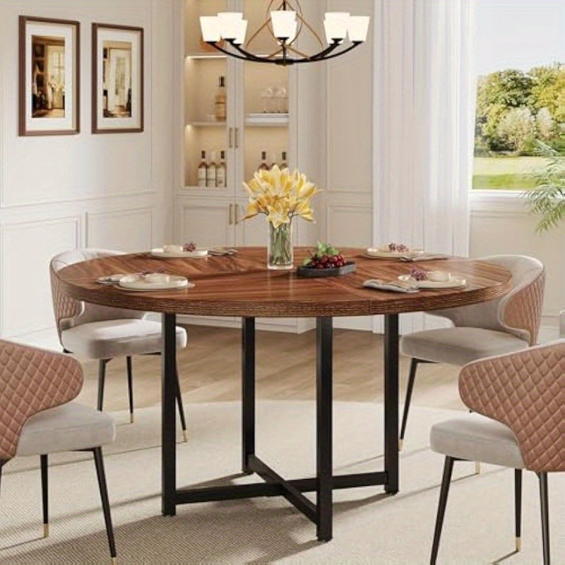 TEMU Round Dining Table, Industrial Kitchen Table With Heavy-duty Metal Frame, For Small Spaces, Apartments, Living Room, Black And Rustic Brown