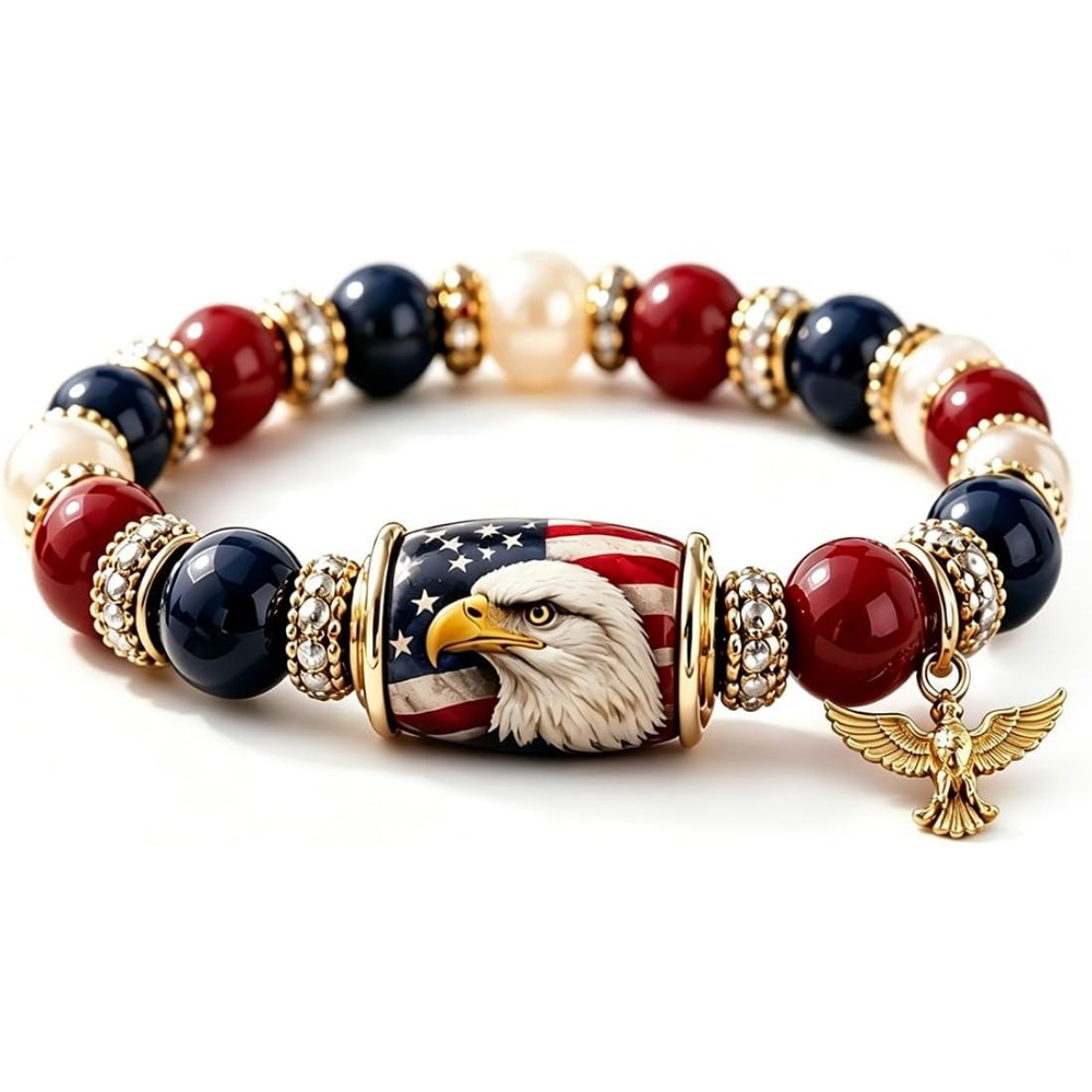 TEMU Edition 250th Anniversary Of The United States Bracelet - Patriotic Eagle Badge Beaded Stretch Chain Suitable For Day Gifts, Commemorative Eagle