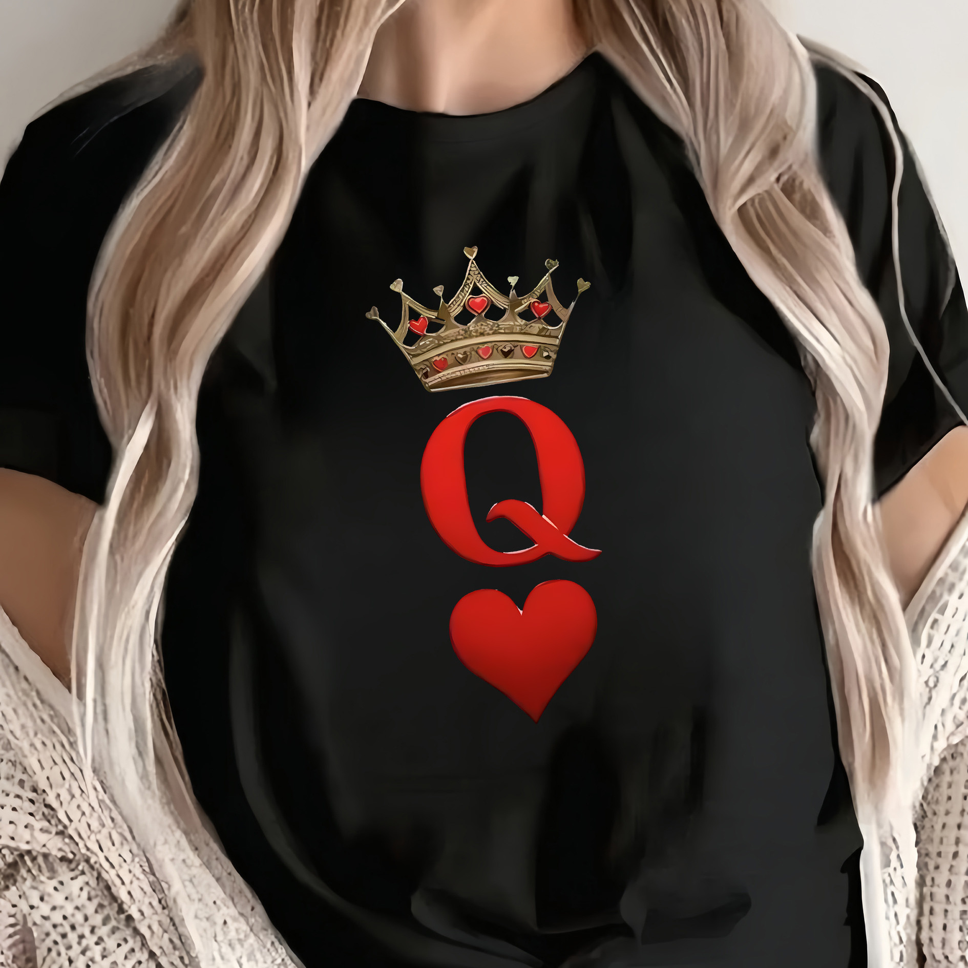 

Of Hearts Crown Print T-shirt For Women, Polyester Knit Fabric, Regular Length, Crew Neck, Spring/fall Fashion Top