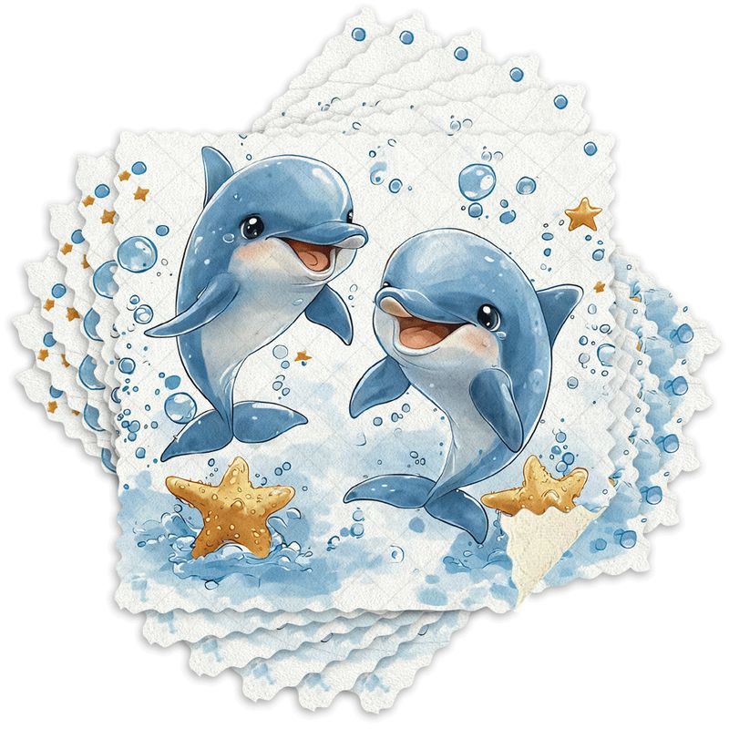 TEMU Set Of 6 Cute Kitchen Dishcloths Featuring A 2d Design Of Blue , Reusable Cleaning Cloths Made Of Microfiber, Absorbent And Easy To Clean, Thick