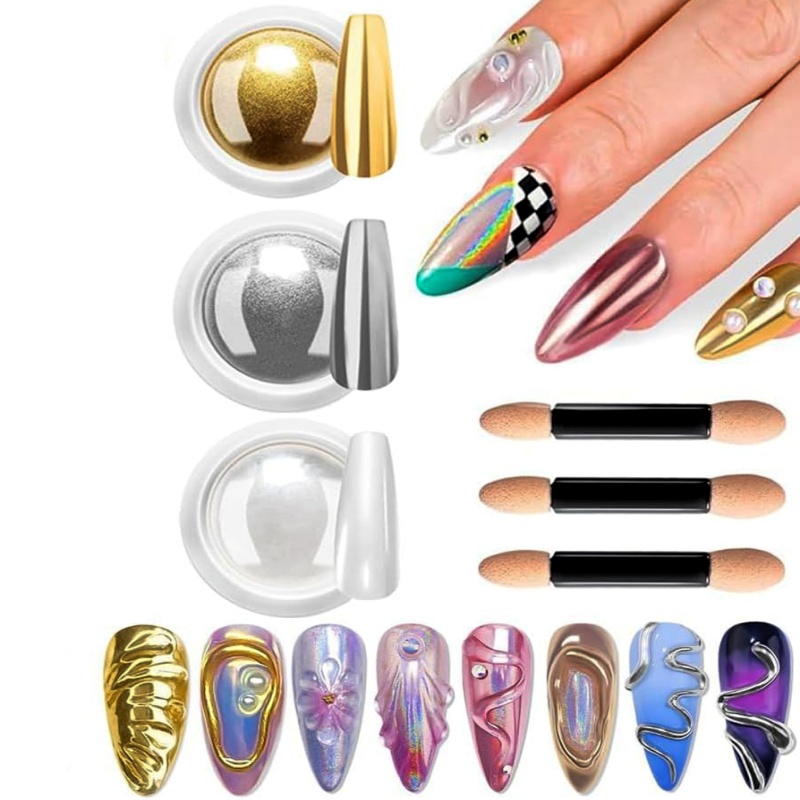 TEMU For Nail Chrome Powders, Silvery Chrome Powders For Nails Glitter, Aurora Chrome Golden For Nail Powder For Nail Art Design Decor