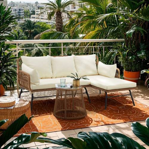 3pcs outdoor patio rattan furniture set l shaped conversation set with coffee table for backyard balcony garden porch patio