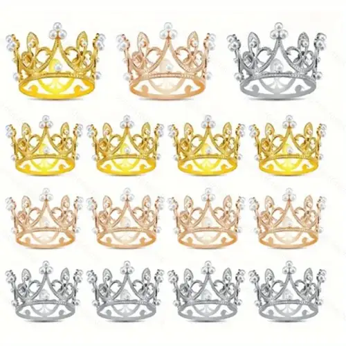 30pcs Mini Crown Cake Toppers - Gold Crowns With Rhinestones & Pearls, 3 Sizes, For Bouquets, Cupcakes, Birthdays, Weddings & Decor