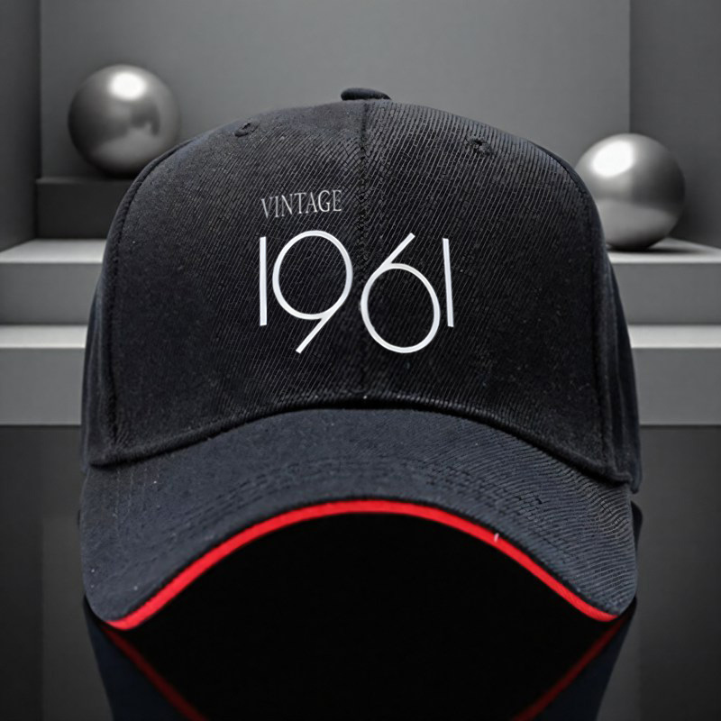 TEMU 2025 New Release Adjustable Vintage 1961 Printed Cap & Trucker Hat - Black Polyester, Hand-washable, Ideal For Sports, Travel, And Casual Wear -
