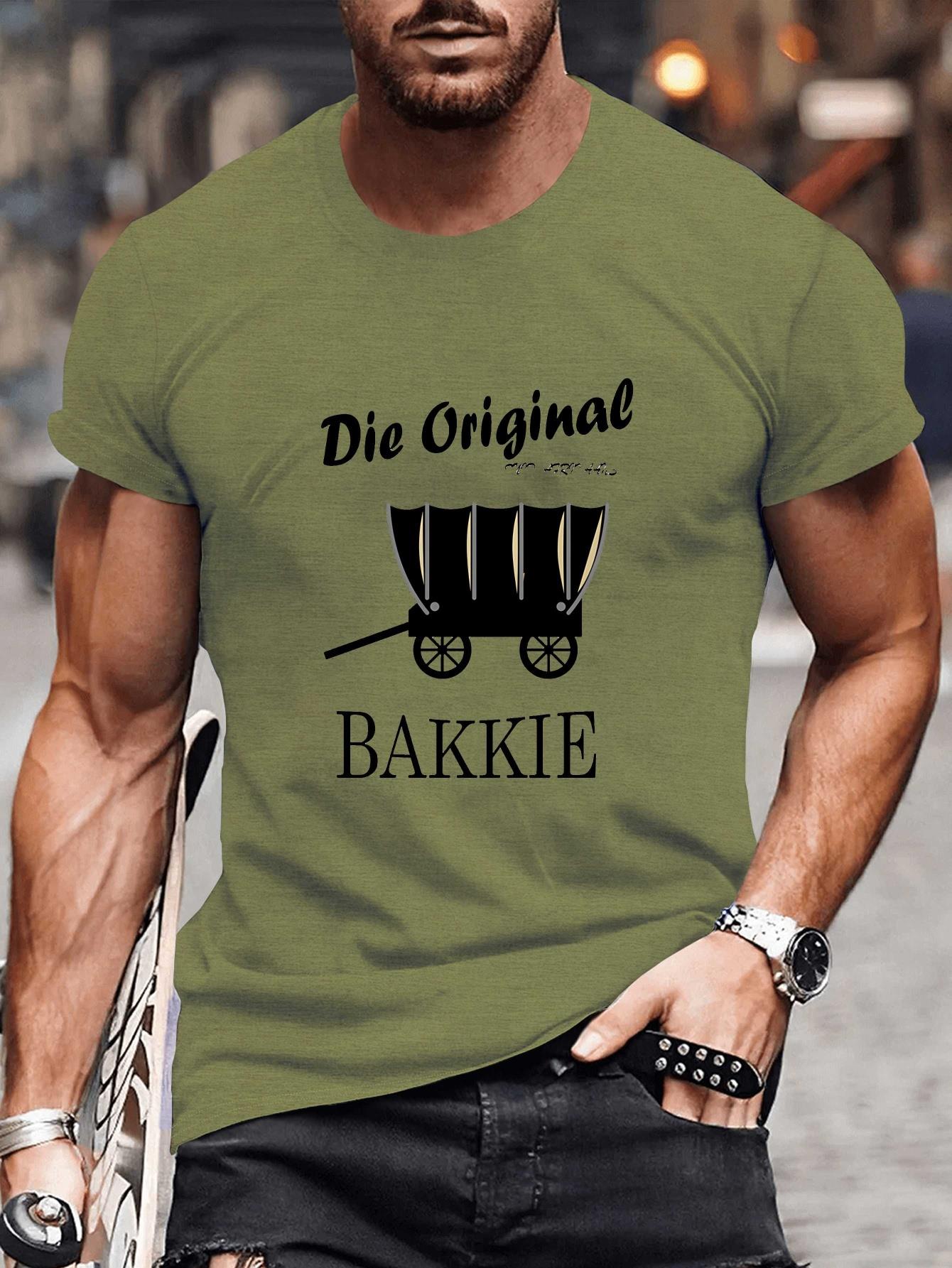 MenS Funny Afrikaans Print T-Shirt - Die Original Bakkie Humorous Design, Lightweight Summer Tee with Cartoon Car & Dog Illustration, Casual Round Neck Short Sleeve Top for Casual Attire, Comfortable Clothing | Playful Graphic Tee | Stretchable Fabr