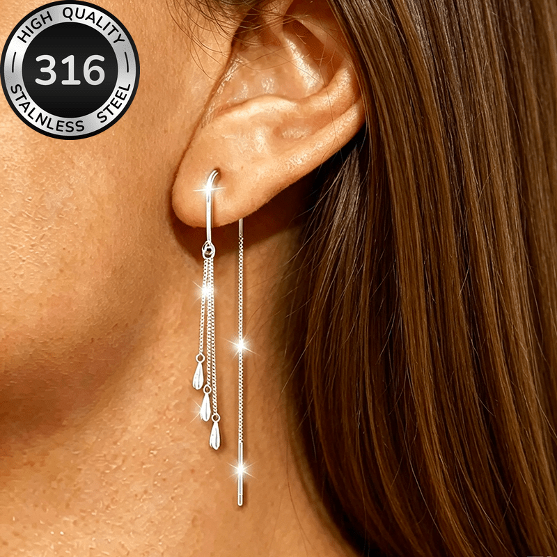 TEMU 1 Pair Of Elegant Stainless Steel Silvery Tassel Long Drop Earrings For Women, Stainless Steel Jewelry, Teardrop Hook Earrings, , Elegant And ,
