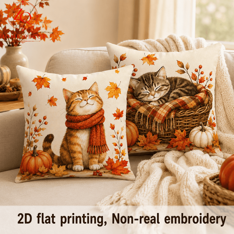 TEMU 2D Flat - Design Stampato - Non Texturizzato 2 pezzi Stampa 2D Flat, Federe a Tema Zucca con Gatto Autunnale e Foglie Cadenti, Colori Principali