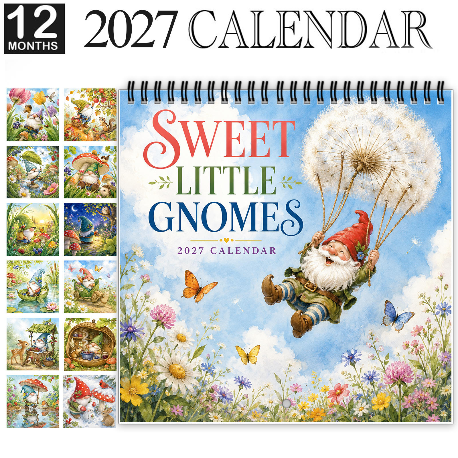 TEMU 1pc 2027 Gnomes Wall Calendar, Spiral-bound 12-month Calendar With Large Date Blocks, Features Charming Gnomes, Flowers And Butterflies In