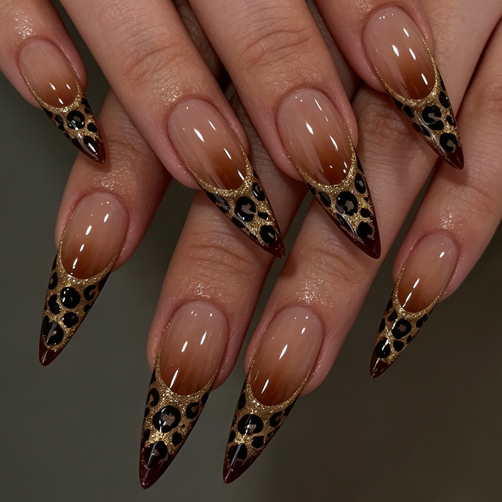TEMU Lot de 30 faux ongles longs à pression pour femmes - Imprimé léopard doré et dégradé de couleur , ongles artificiels brillants avec bout et base