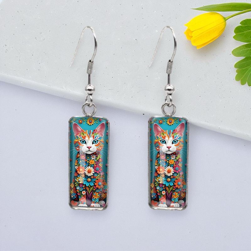 TEMU Pendientes rectangulares de gancho de pesca con imagen de gatos cubiertos de flores brillantes, joyería de moda, regalos