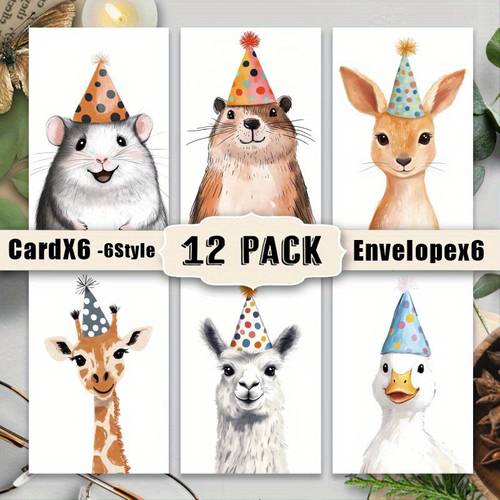 a set of 12 fun animal birthday greeting cards including envelopes featuring a duck mouse giraffe raccoon and alpaca wearing party hats teachers to school suitable for