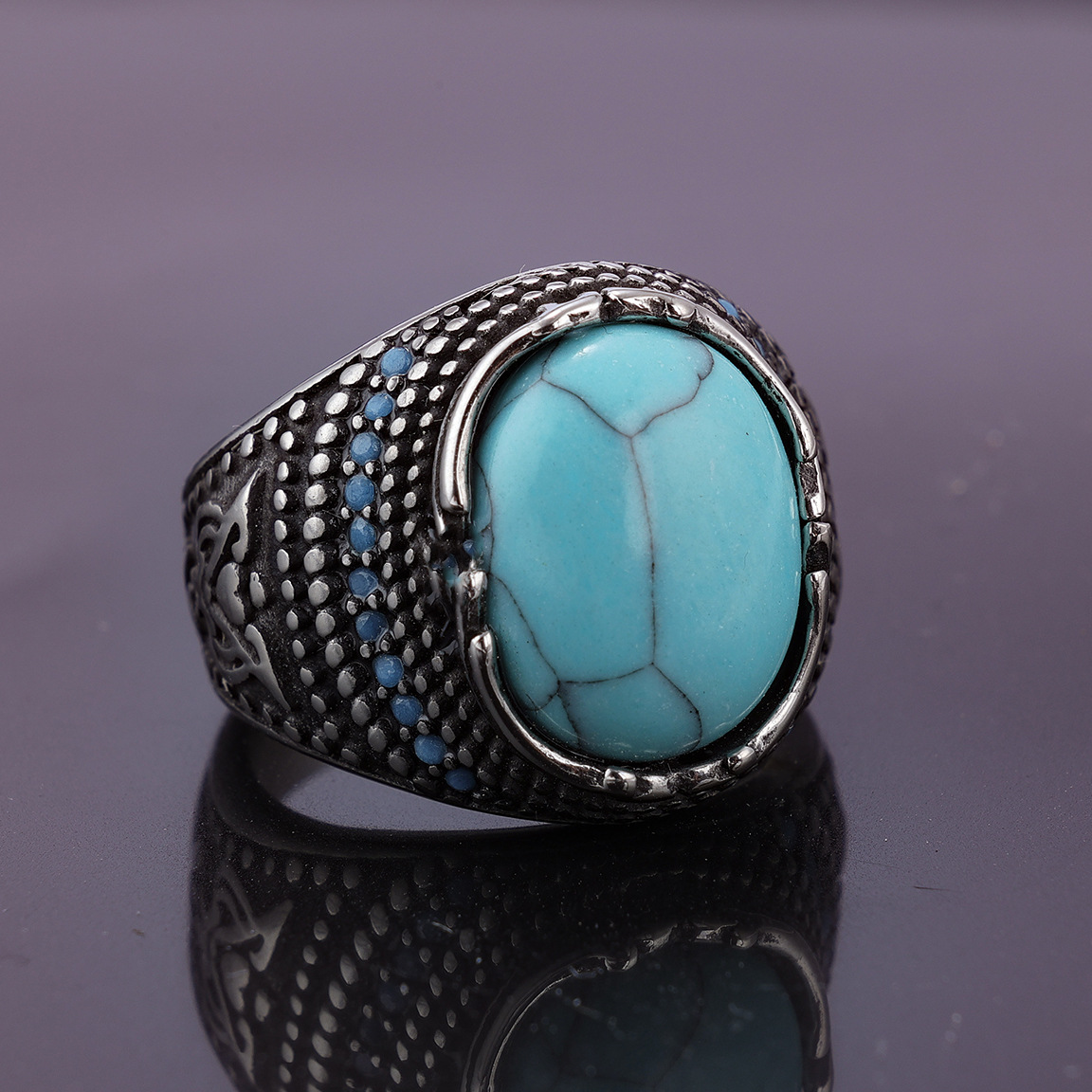 Image of Vintage Silvery 304l 304l Stainless Steel Synthetic Turquoise Band Ring For Men, Trendy Fashion Style Wide Band, Ethnic Inspired Accessory, Without Battery