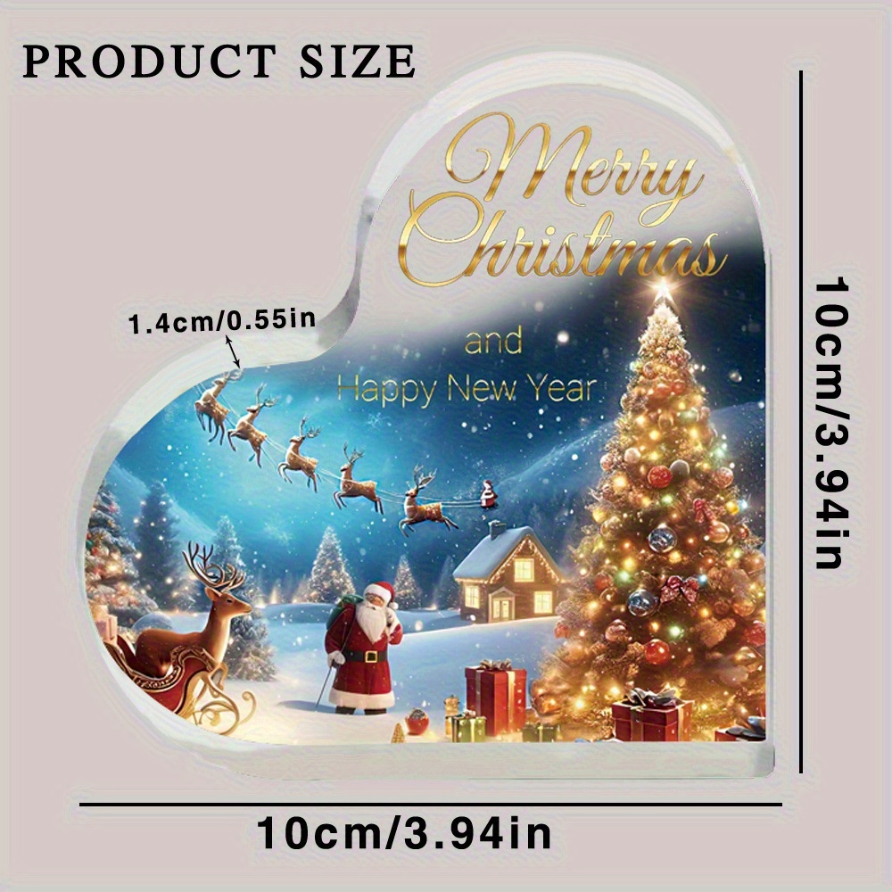 TEMU 2d Flat, Heart-shaped Acrylic Christmas Tabletop Ornament - Non-electric Santa, Reindeer & Tree Scene With Merry Christmas Text - Flat Irregular