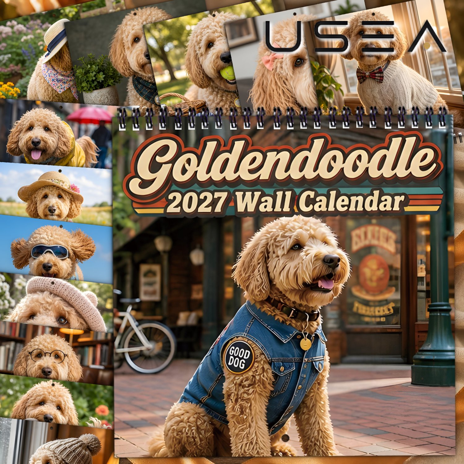 TEMU 2027 Wall Calendar Hanging Wall Calendar, Twin Wire Spiral Binding, Square Monthly Planner With Large Blocks - Retro Goldendoodle Themed