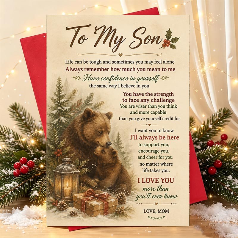 TEMU 1pc Christmas Card Suitable For Son From Mom - English Greeting Card With Messages For Adult , Paper Card With English Text & Suitable For ,