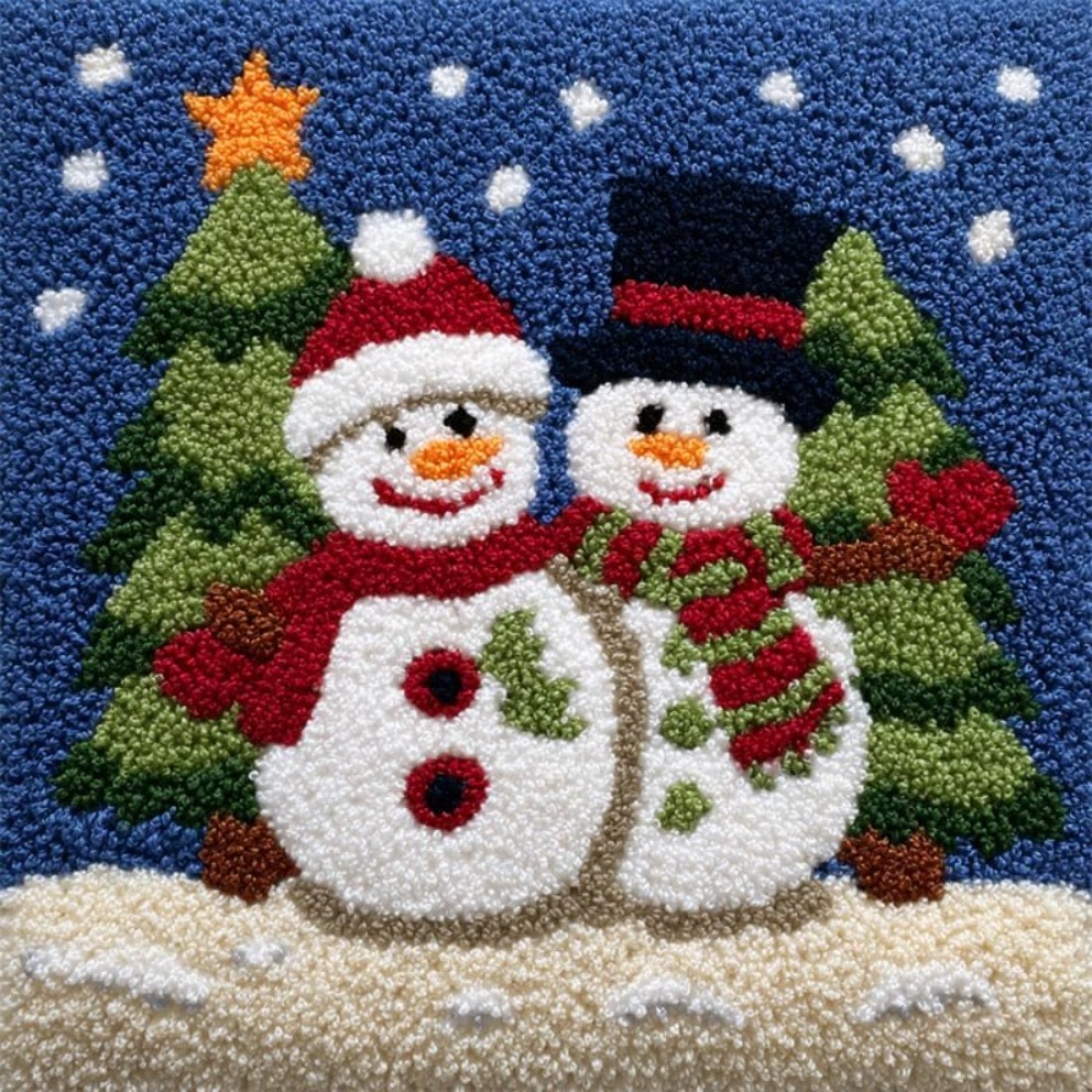 Image of Beginner-friendly Latch Hook Craft Kit Suitable For Adults: 2 Cute Snowmen Cushion Cover Making With 17in Square Pillowcase, - Embroidery Project For Decor, Cozy Winter Gift