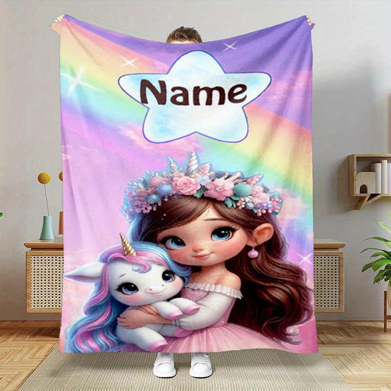 

Personalized Name Unicorn Blanket, Soft Polyester Fleece Throw, Chunky Knit, Machine Washable, With Customizable For Office, Travel, Camping, Home Decor