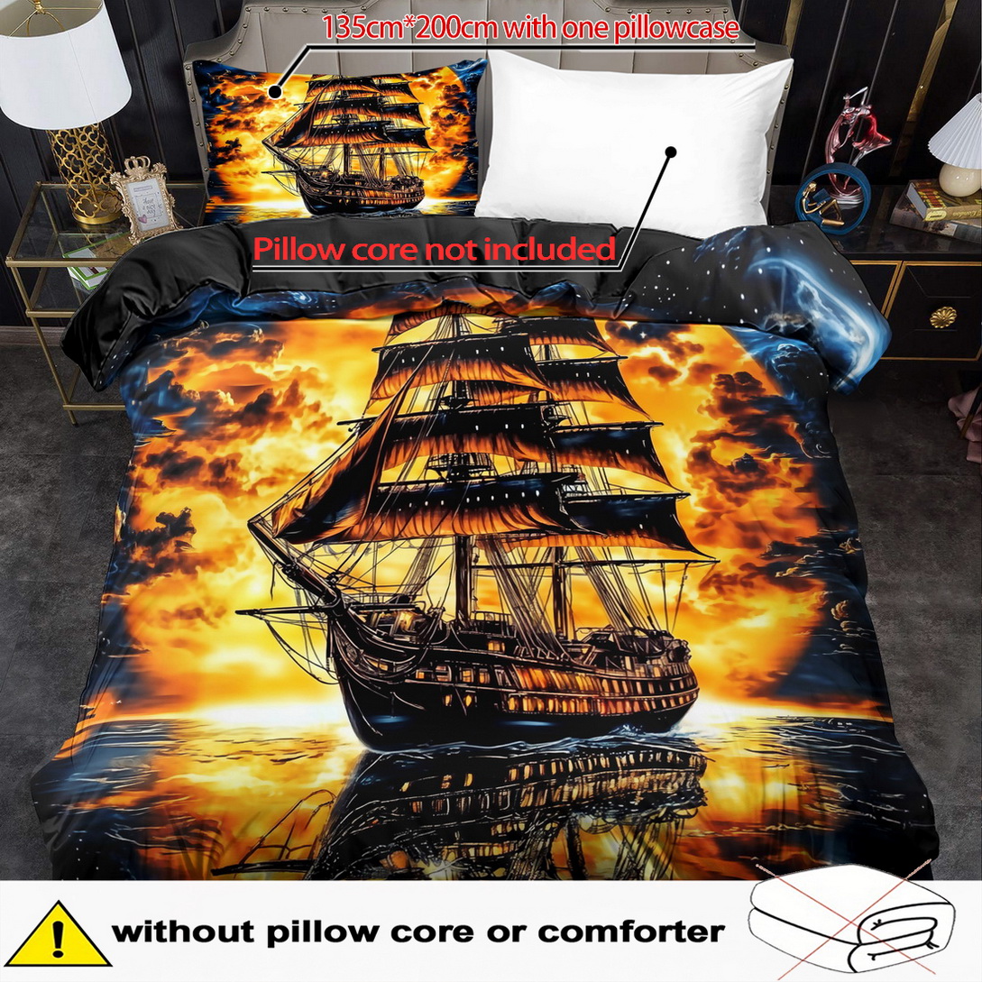 E-shop 2/3-teiliges Bettbezug-Set, Piratenschiff-Druck, -Set im König- und Königin-Stil, Waschmaschinenfestes Polyester, Steppdecken-Dekoration,