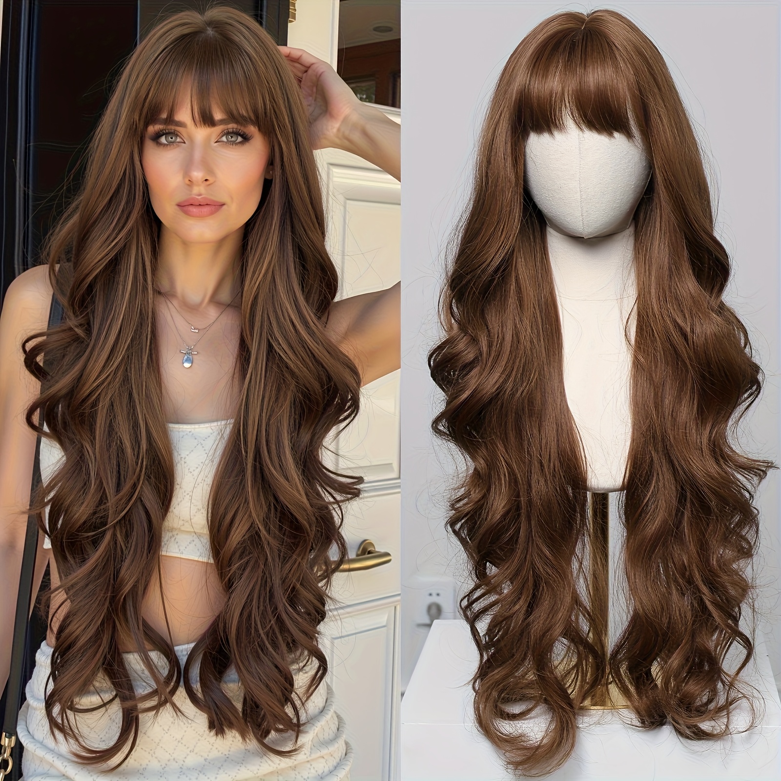 E-shop 30 Zoll Braune Lockige Lange Damenperücke – Elegante Edle Perücke für Cosplay, , Reisen, , Party – Natürlich, Bequem, Vielseitig, Exquisit –