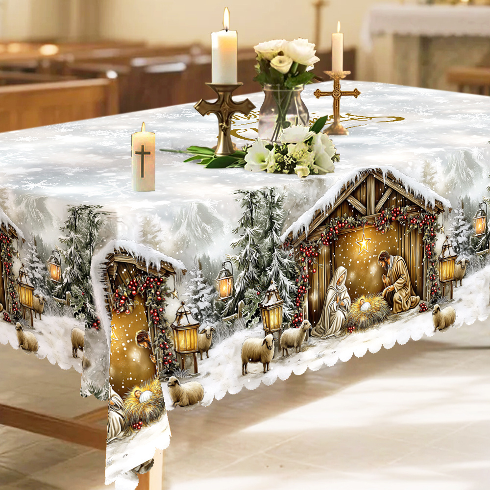 TEMU 1pc Tablecloth, With White Decoration, Featuring Crosses, Mangers, Christmas Trees, Stars And Sheep Patterns. Retro And Traditional Style.