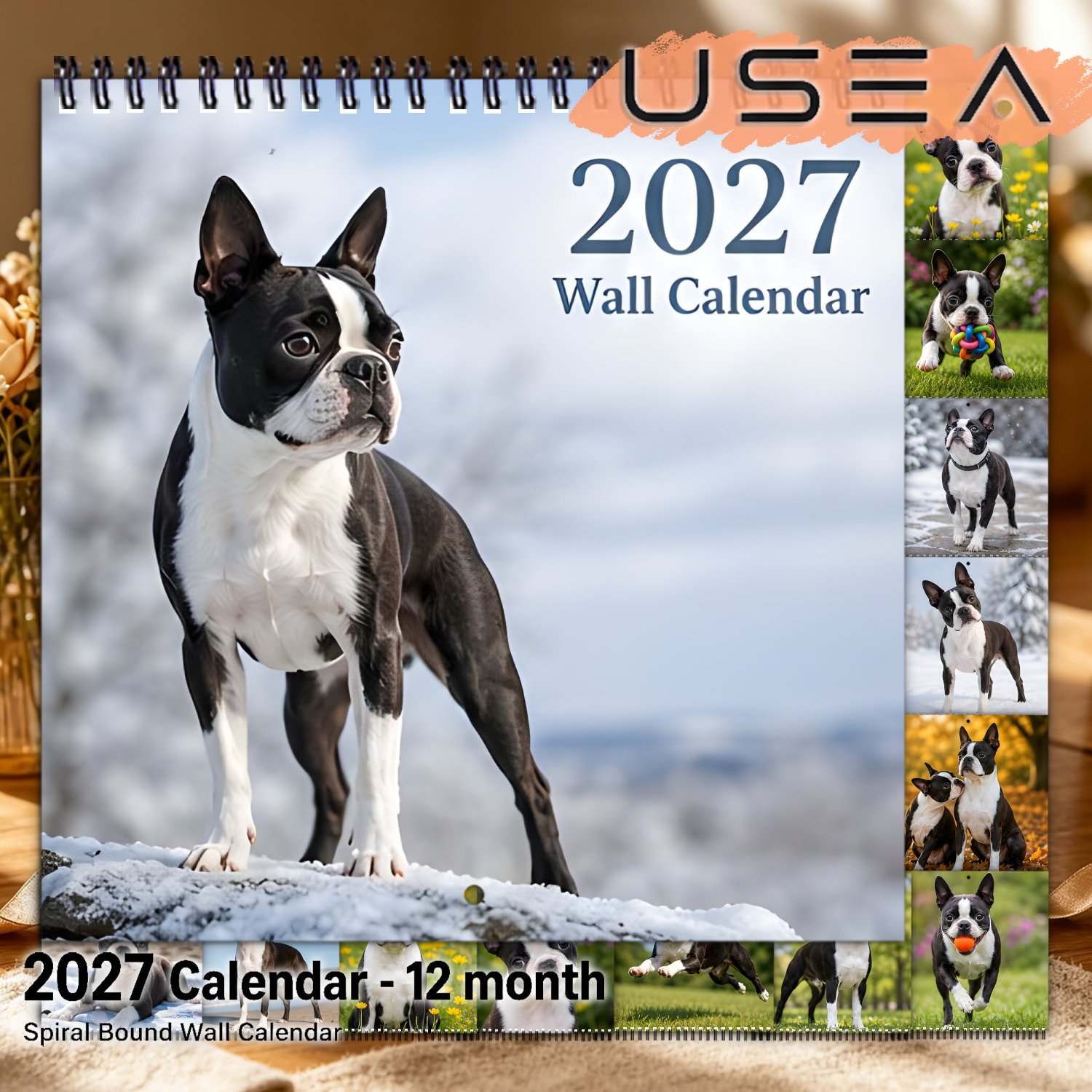 TEMU Wall Calendar Twin Wire Spiral Bound Hanging Square Wall Calendar, 12 Months Yearly Organizer & Monthly Planner, Boston Terrier Aesthetic Wall