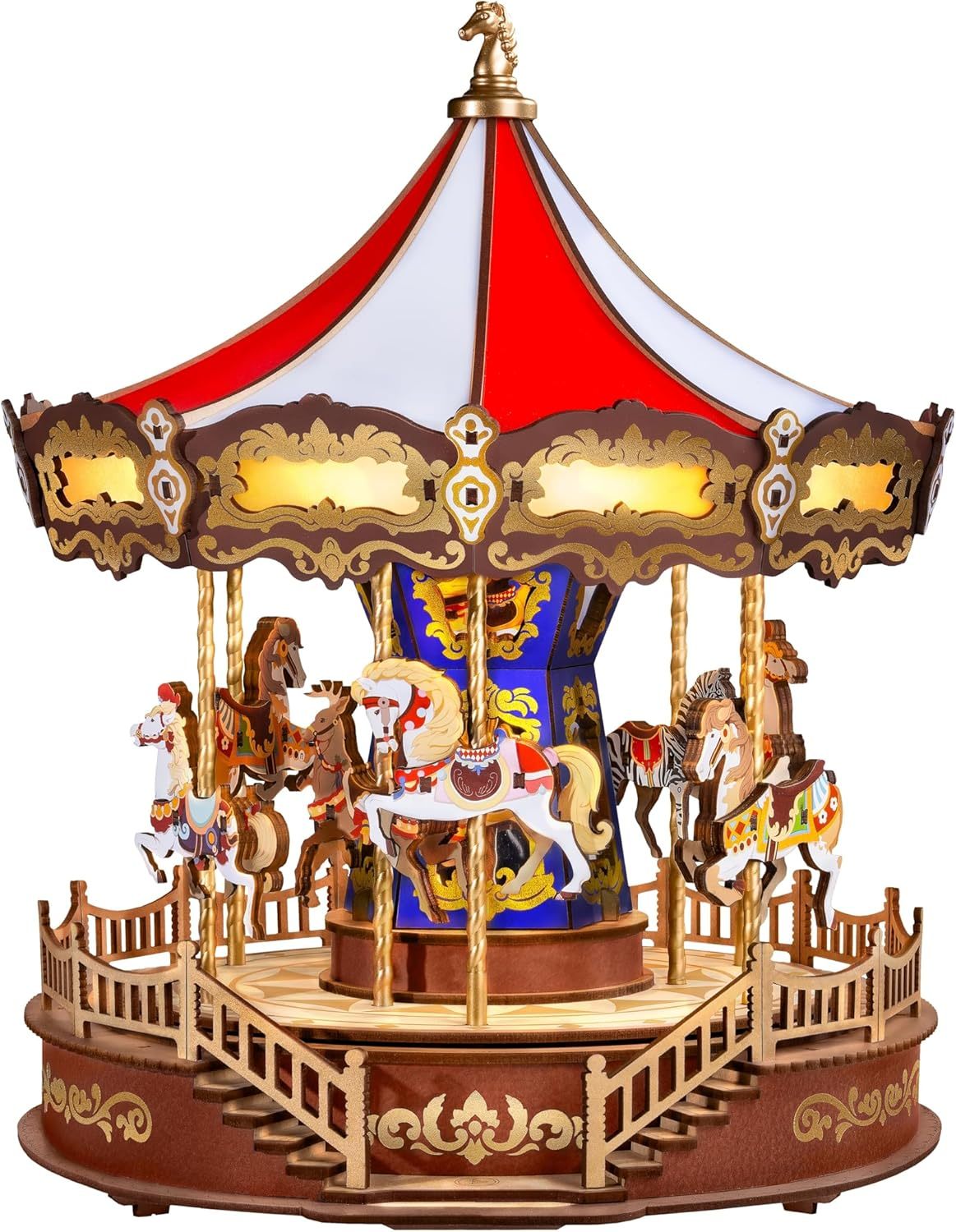 Klassieke Carrousel Muziekdoos, 3D Houten Puzzel met Verlichting, Eenvoudig in Elkaar te Zetten, Beweegbaar Ontwerp, Ideaal Kerstcadeau voor Volwassenen - AMC01