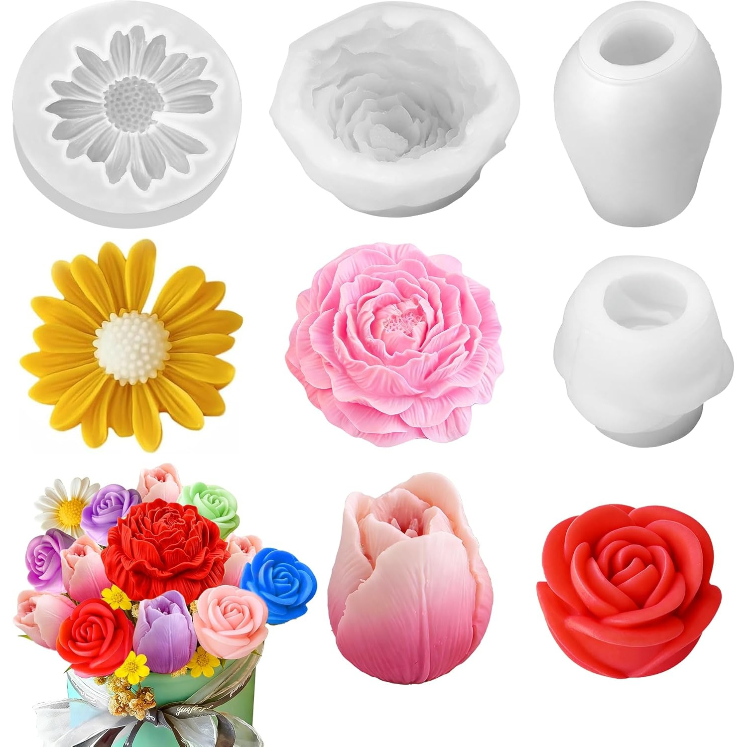 TEMU 4 stampi in silicone per candele a forma , stampi 3D realistici a forma di margherita, peonia, rosa e con design dettagliato dei petali, stampi