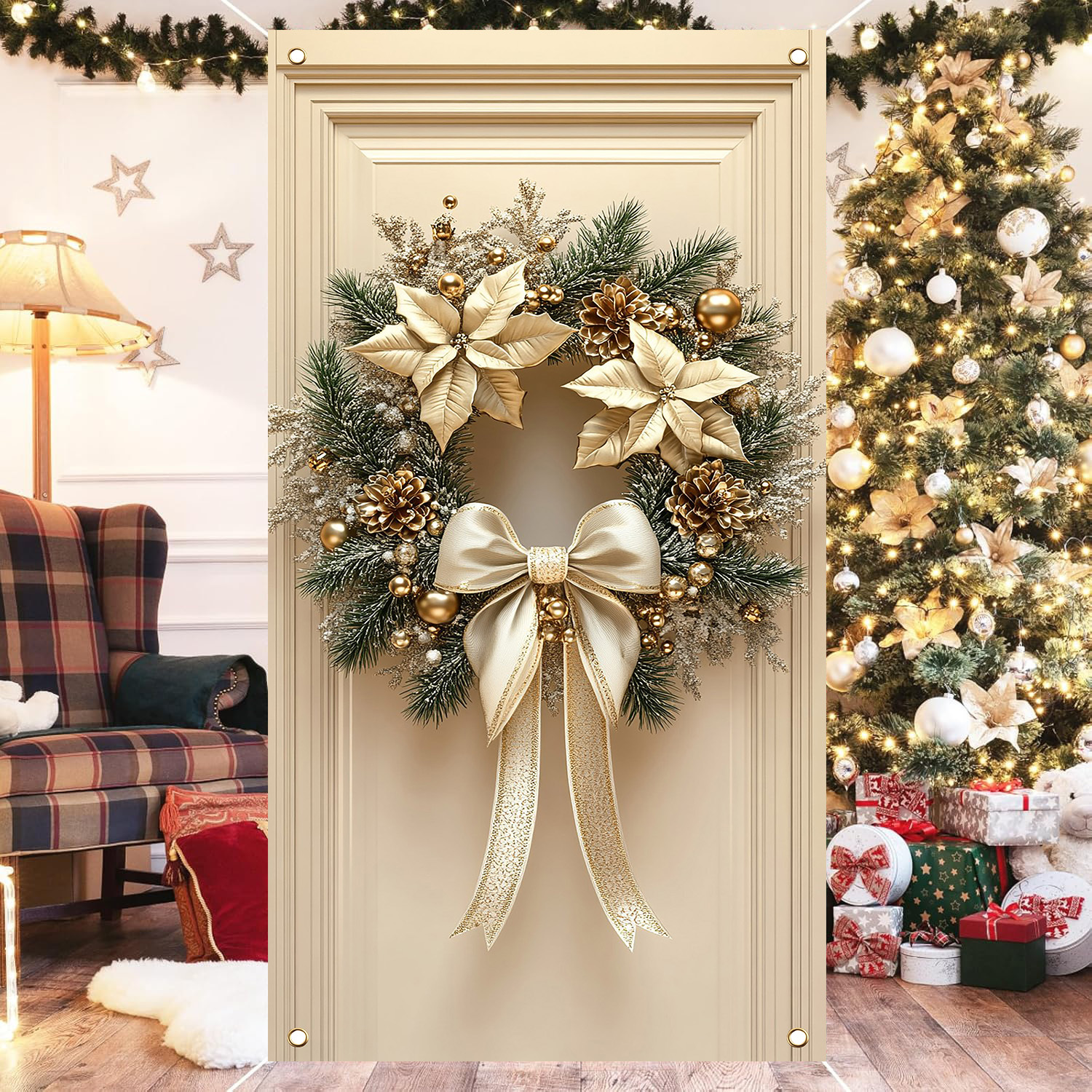 

1pc Classic Polyester Christmas Wreath Door Hanging Decoration, 35.4x70.8 Inches, Door Frame Banner With Bow And Flowers, No Electricity Required, Indoor & Outdoor Party Decor