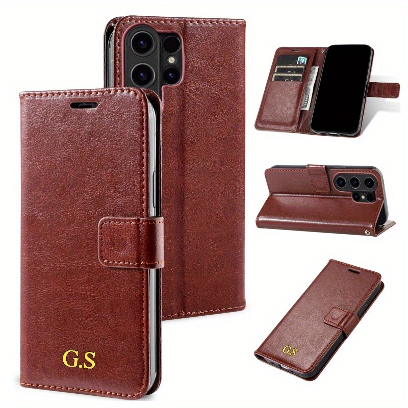 TEMU Phone Case: Personalized Name Luxury Wallet Flip Card Holder Stand Faux Leather Shockproof Case For Galaxy S25 S24 S23 S22 S24fe S23fe Etc