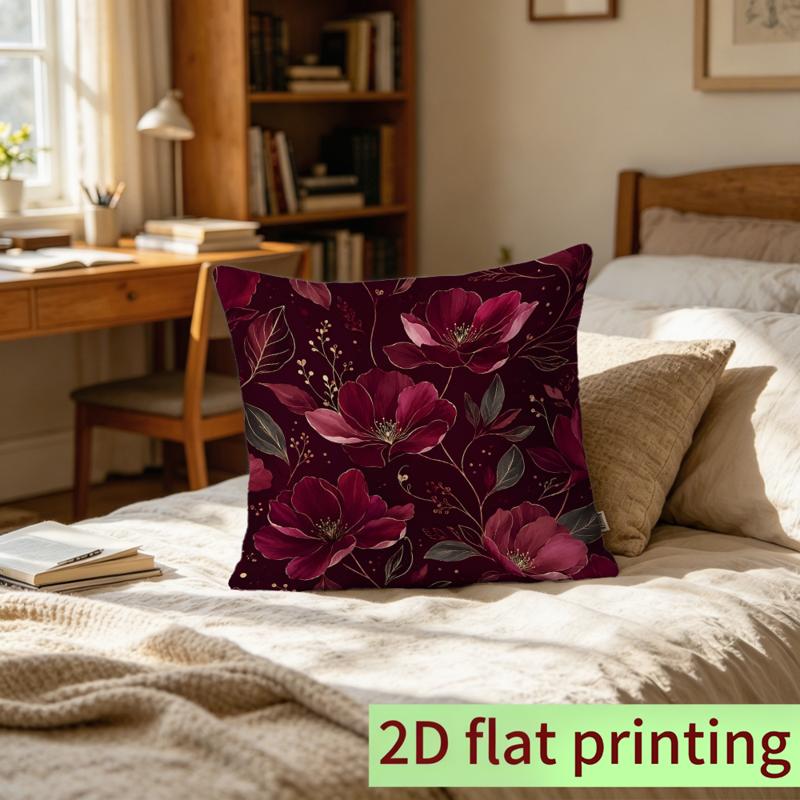 TEMU 2d Flat Printing, Burgundy Floral Double - Sided Pillow Cover, 17.7*17.7 Inches, 1pc, Not Embroidered, No Insert Included, Ideal For Bedroom &