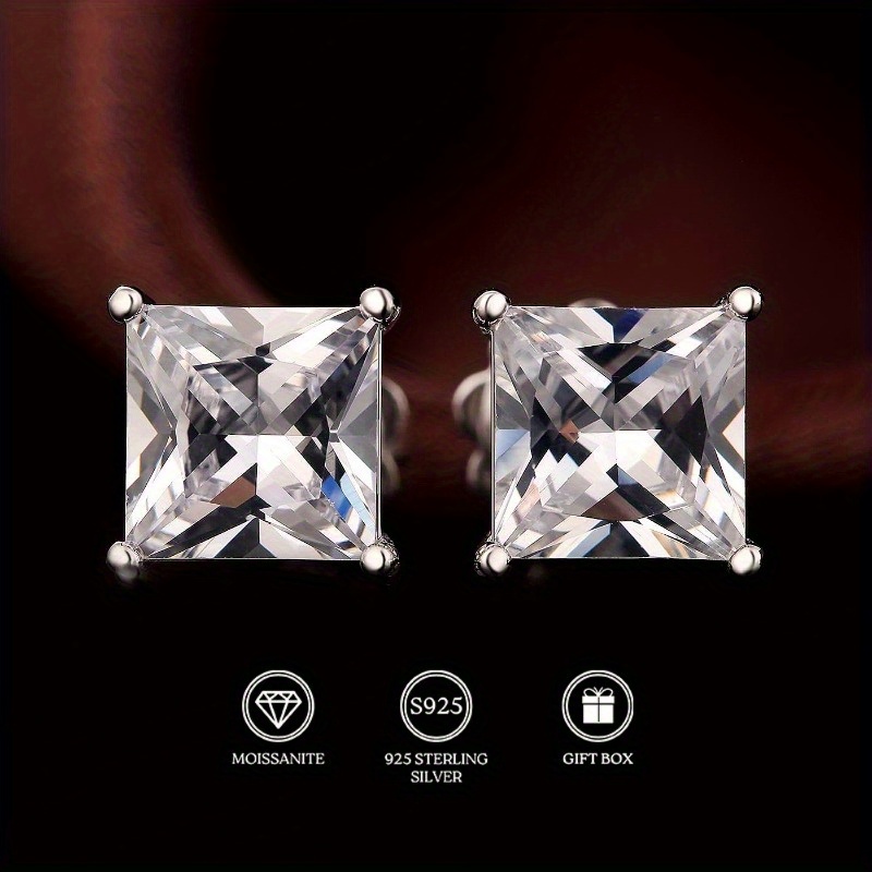 Women's 925 Silver Square Earrings with Princess Cut Design, Elegant Gift