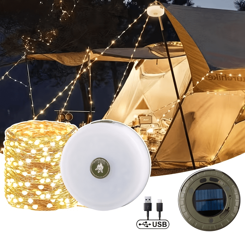 TEMU Chemise Outdoor Camping Lighting Warm Light String, Tent Atmosphere Light, Solar Rechargeable, Retractable Handheld Camping Light, Suitable For