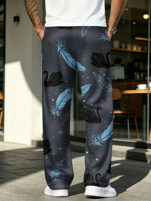 mens straight leg loose fit full body swan print trousers dark gray with black swan pattern machine washable wide pants suitable for travel gym skating casual wear