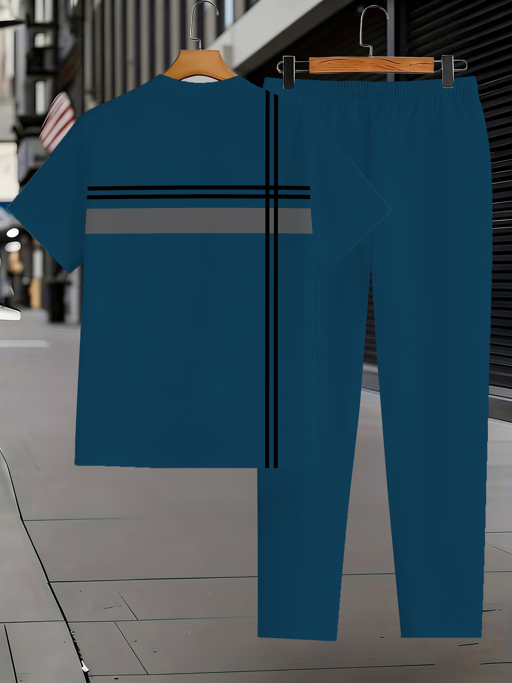 Men's Fashion Vintage Short-Sleeve Crew Neck T-Shirt And Long Pants Set, Featuring 3D Print Design, Elegant Casual Crew Neckline, Slightly Stretchy Knit Fabric, Suitable for Spring And Summer, Indoor And Outdoor Wear.