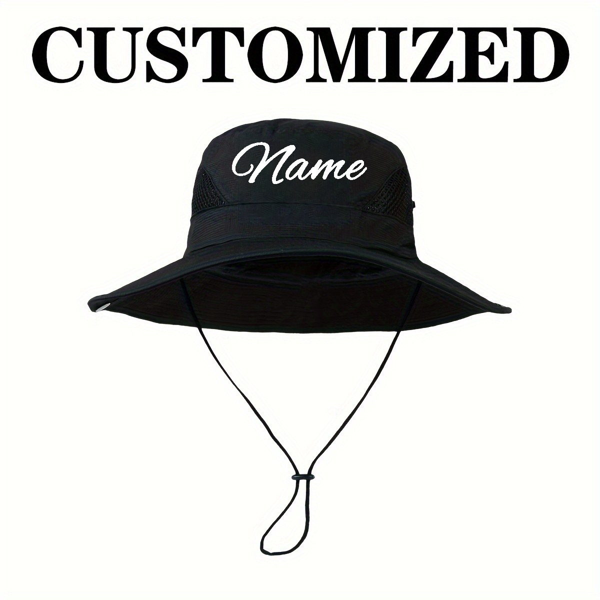 TEMU Customizable With Name Or Text, Unisex Sun Hat With Logo Sticker - Wide-brimmed Breathable Outdoor Hiking Hat, Adjustable Chin Strap, For