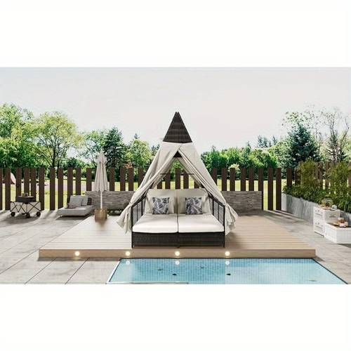 outdoor daybed patio lounge bed with adjustable backrest outdoor lounger with curtains 4 pillows for garden patio poolside balcony