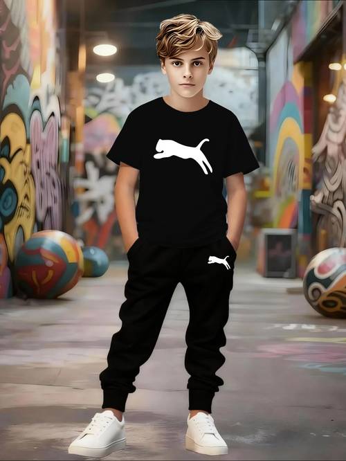 Spring/Summer New Boys' Short Sleeve + Thin Pants Set, Unique Geometric Pattern Design, Versatile Sportswear Set, Stylish and Comfortable, Slightly Stretchy Fabric, Regular Fit, Suitable for Outdoor Use, Perfect for Outdoor