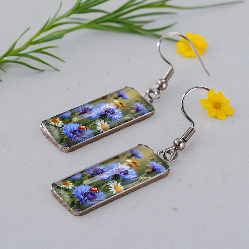 Fashionable Water Drop Earrings with Wheat Fields And Blue Flowers