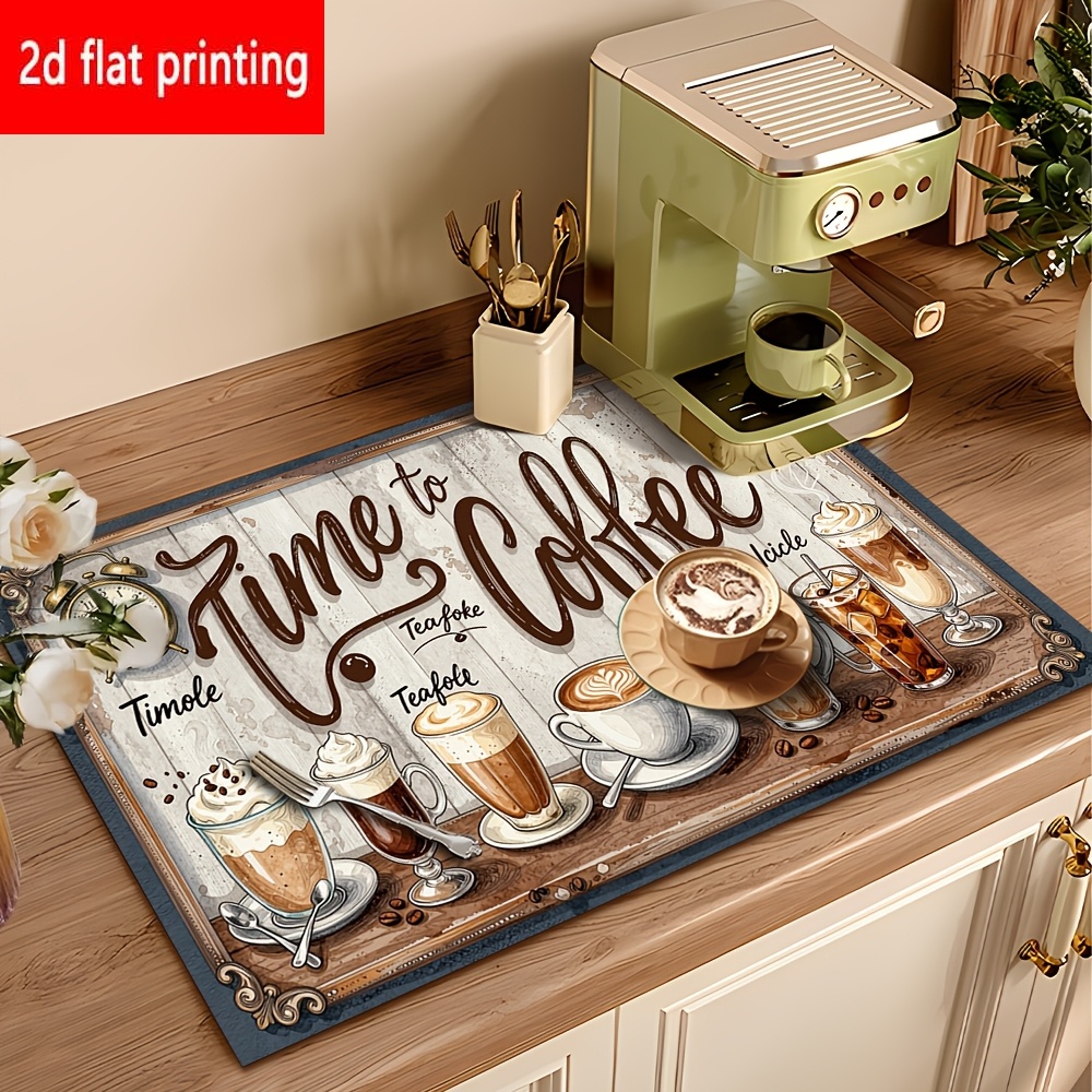 TEMU 2d Flat Printing, 1pc, Coffee-themed Printed Dish Drying Mat, English Slogan, Featuring Patterns, Non-slip Rubber Material, Suitable For Home