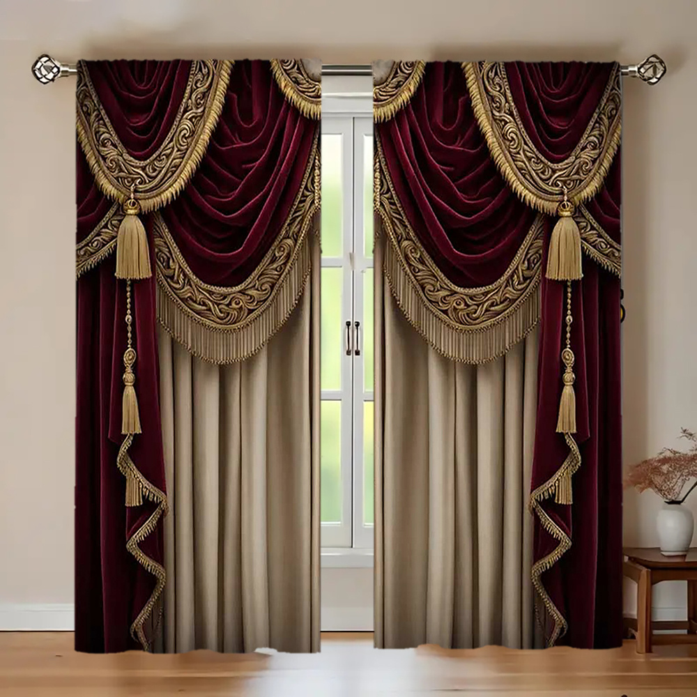 

2pcs Luxury French Red Vintage Curtains, Contemporary Style, Rod Pocket Installation, Polyester, , Semi-sheer , Machine Washable, For Living Room, Bedroom, Study, Dining Room Decor - No Rod Included