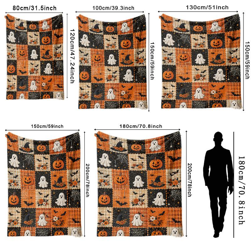 TEMU 1pc Vintage Halloween Throw Blanket For Living Room, Bedroom And Sofa, Featuring Pumpkins, Ghosts, Bats, Webs And Hats In Orange Plaid And Black