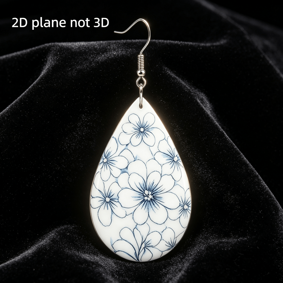 Blue White Floral Teardrop Dangle Earrings, Vintage Style