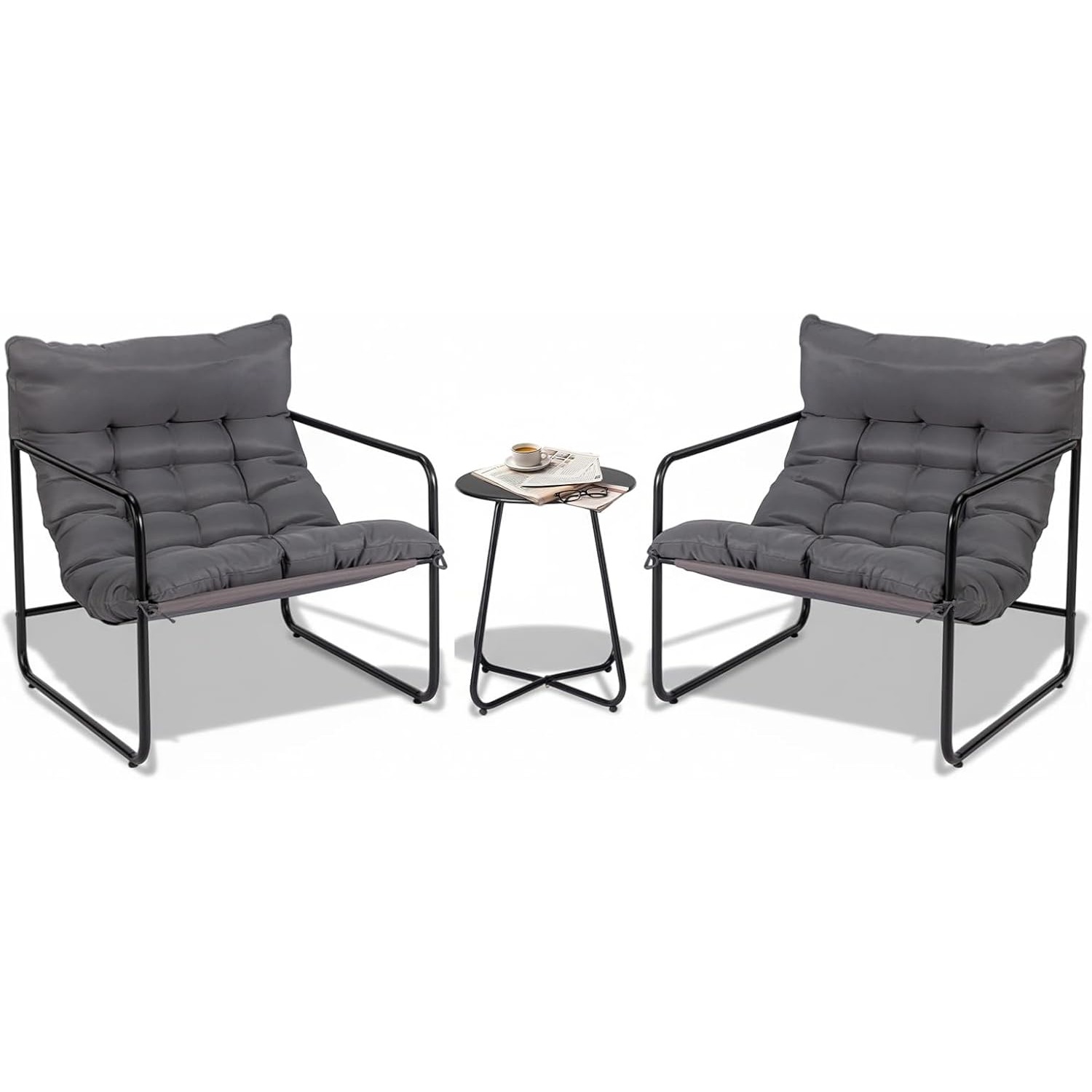 TEMU Set 3pcs, Outdoor Bistro Table And Chairs With Removable Cushions, 2-person Metal Garden Bistro Set, Grey/white