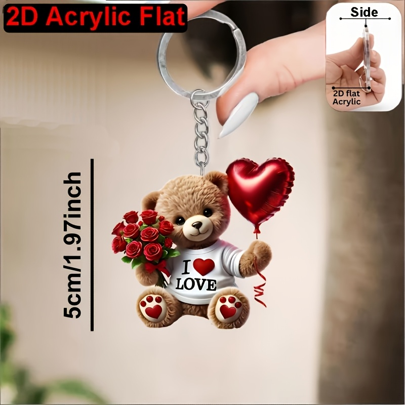 TEMU Llavero de Oso de Peluche con de y Rosa, Estilo Bohemio, Acrílico 2D, Ideal para Decoración de Mochilas y Llaves de Coche, 2D