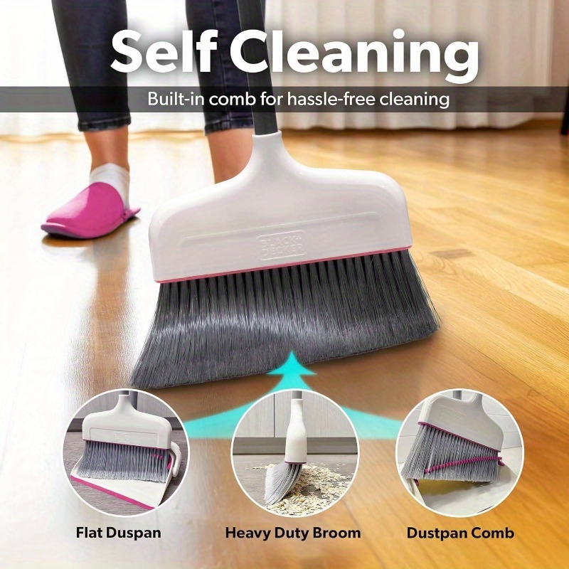butler   broom and dustpan set - heavy-duty cleaning system with ergonomic stand, lightweight & space-saving combo for hardwood, tile, carpet floors - ideal for kitchen, living room, bathroom, hallway - white & pink with red accent - compatible with angle broom (not included) - ideal for home, office, apartment cleaning Product details 1