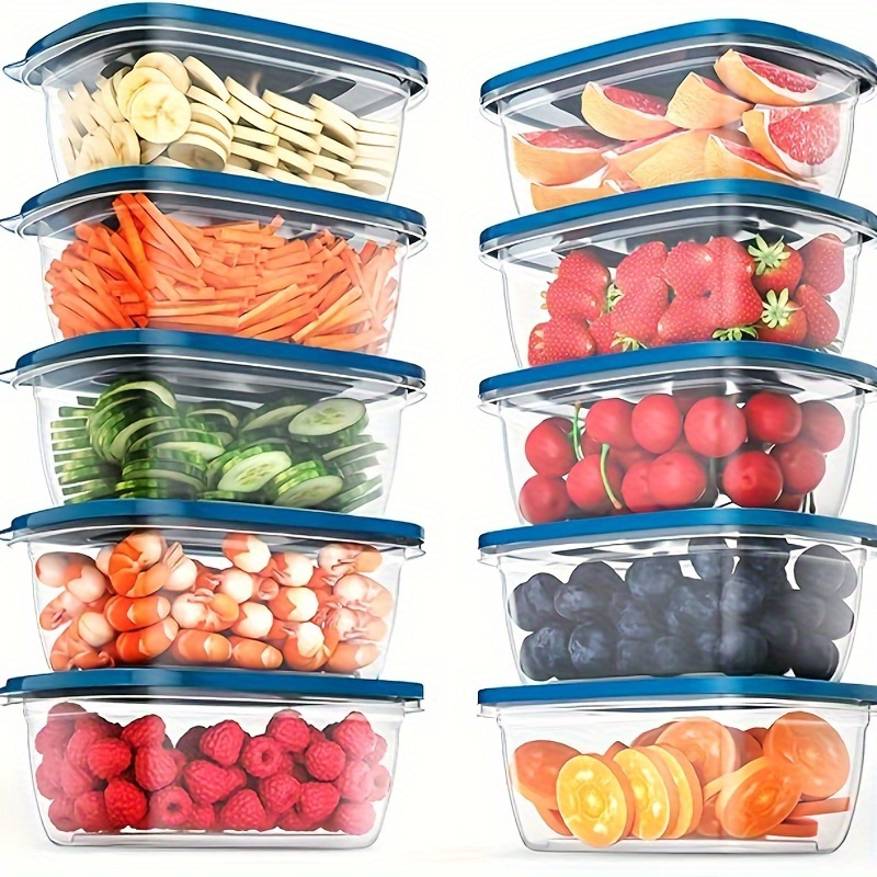 6-piece Transparent Plastic Food Storage Containers With Blue Stackable Lids, Reusable For Kitchen Rice, Grains, Meat, Fruits, And Vegetables, Dishwasher And Microwave Safe