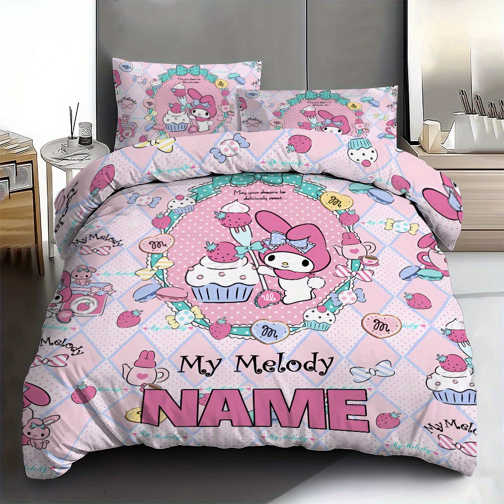 

3pcs Sanrio My Melody Personalized Bedding Set - Custom Name In Checkered Polyester Duvet Cover (1) And 2 Pillowcases, Soft & Comfortable, Ideal For ' Rooms & Guest Bedrooms, Use, Room Decor Bedroom