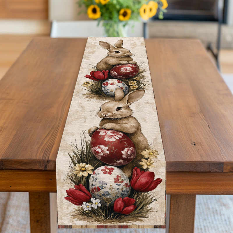 Image of 1pc Home, Kitchen, Party Tablecover, Table Cloth, Table Accessories, Tableware, Table Fabric, Easter - Themed, Adorable Bunnies With Floral - Decorated Eggs And Tulips, Spring Festival Atmosphere